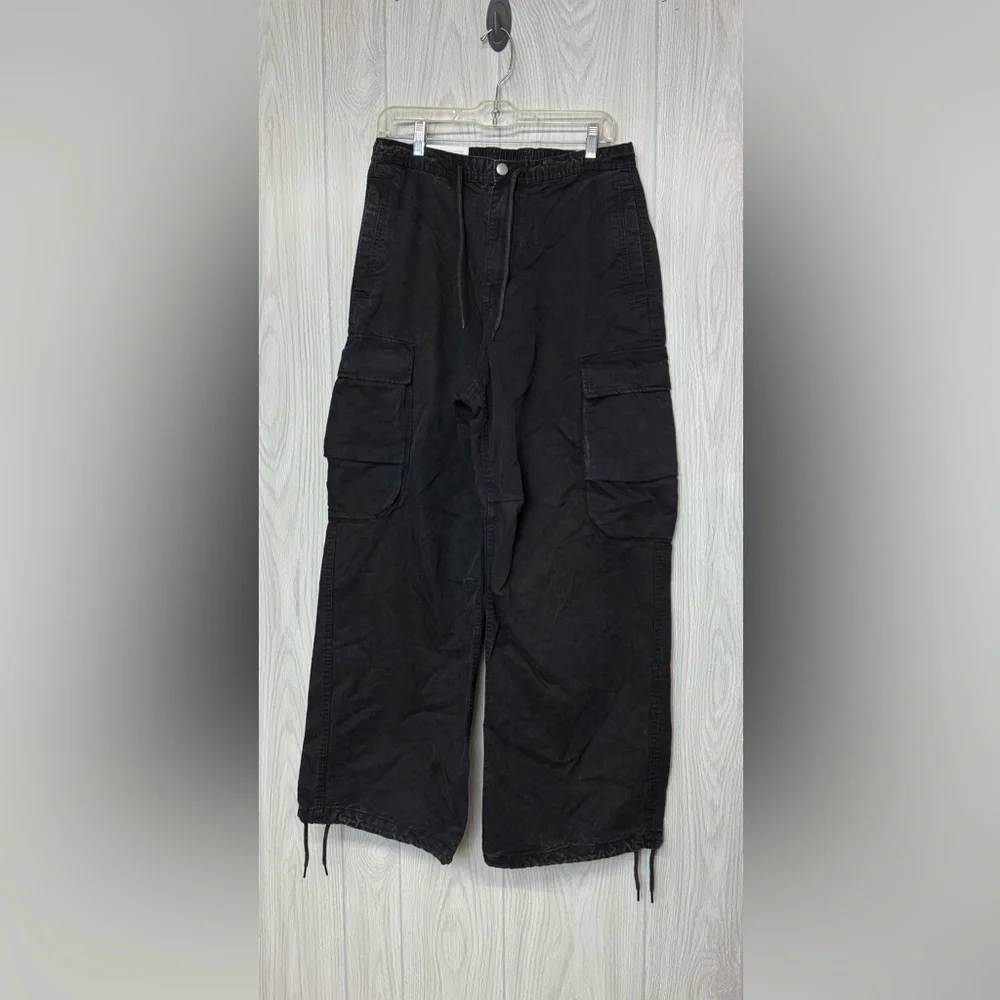H&M Black Wide-Leg Cargo Pants with Drawcord Hem‎